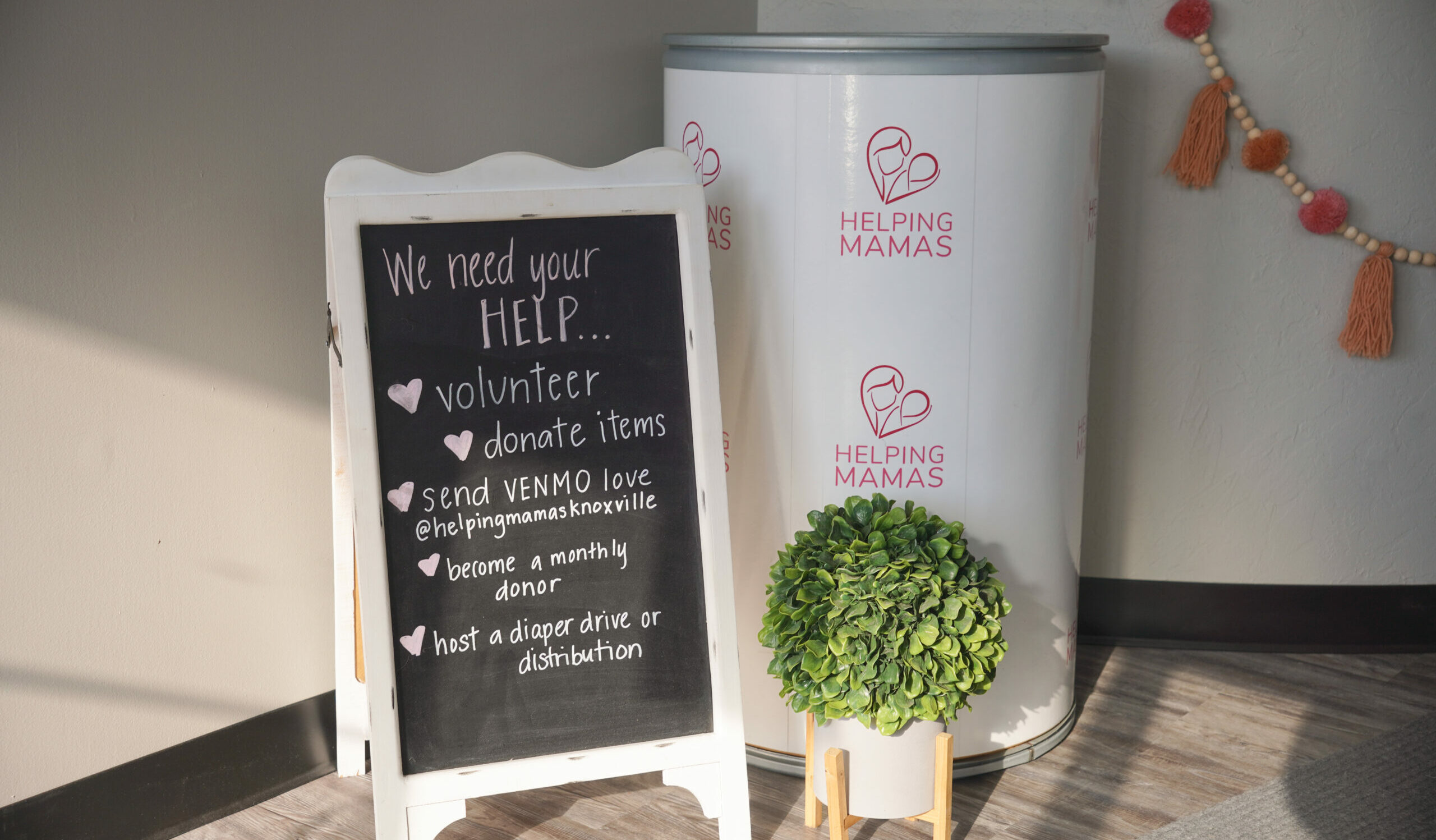 Donation Bin and Sign for Helping Mamas