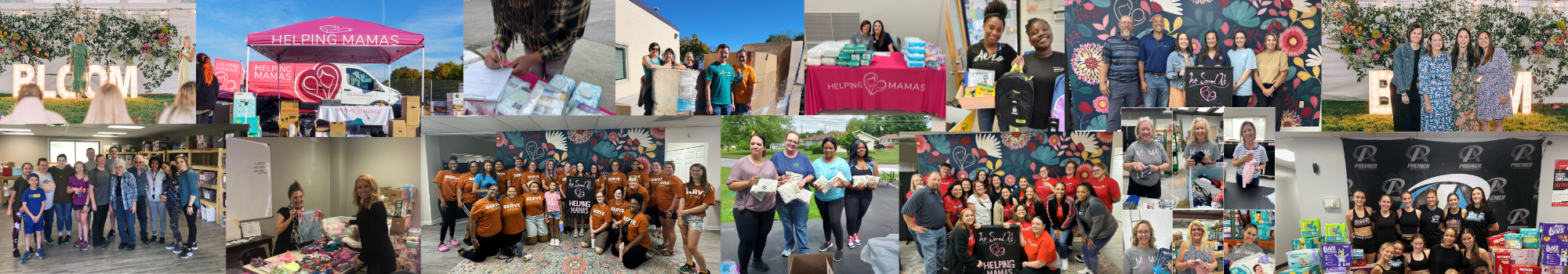 Header Image of Helping Mamas throughout the years including back when helping mamas started in a garage 