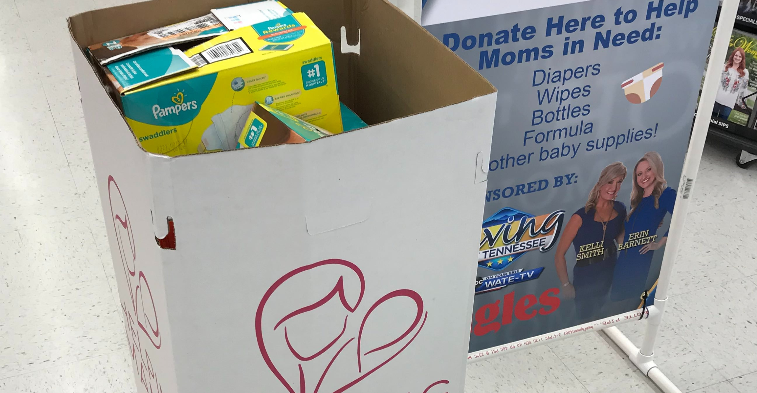 Donation Bin and Sign for Helping Mamas