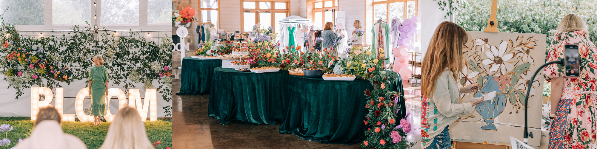 Header Image Containing Photos from Bloom Bash 2023, 2 Ladies shopping the silent auction, 2 ladies shopping the event and the floral designs in the tent area